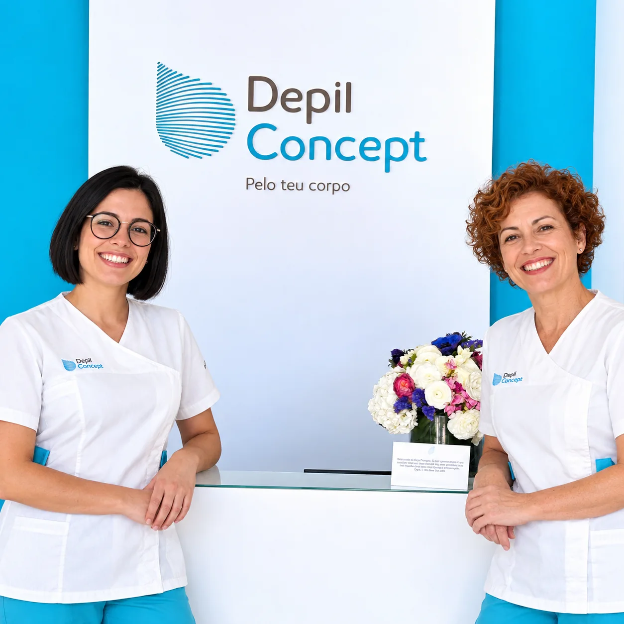 Colaboradoras junto ao balcão e ao logótipo DepilConcept