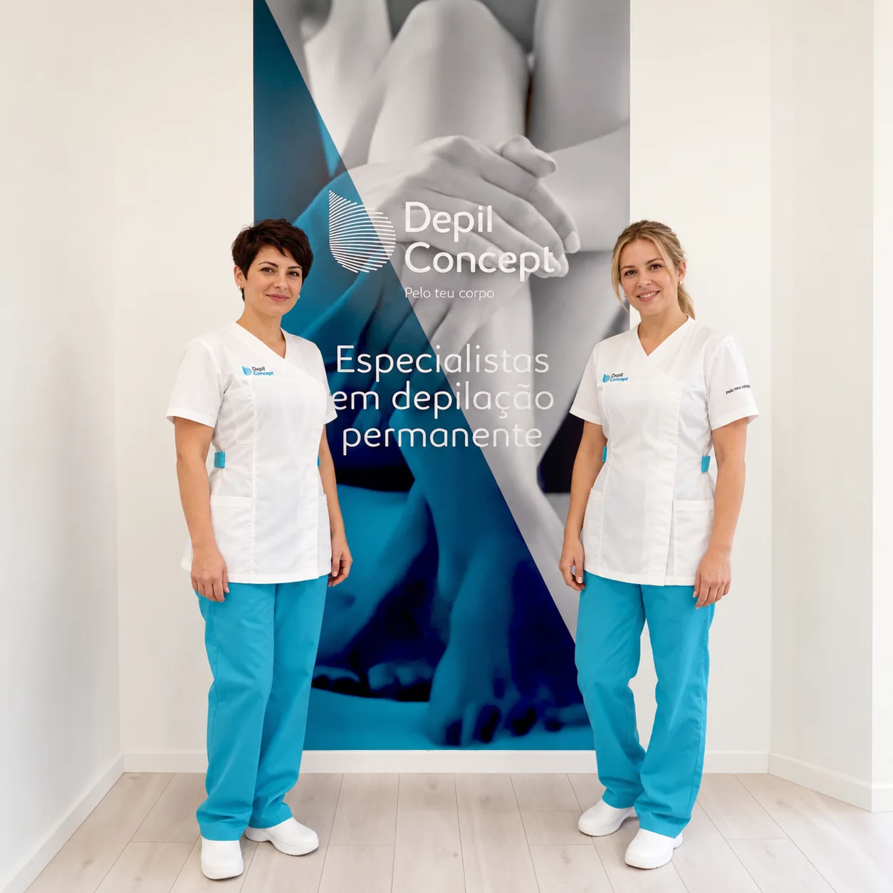 Colaboradoras com a farda DepilConcept num interior de clínica